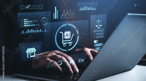 Hands typing on laptop with digital AI shopping icons and analytics floating in futuristic blue interface for business concept.