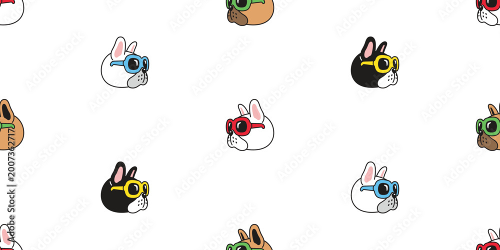 Fototapeta premium french bulldog dog seamless pattern sunglasses face head puppy pet cartoon doodle vector gift wrapping paper repeat wallpaper tile background illustration isolated design