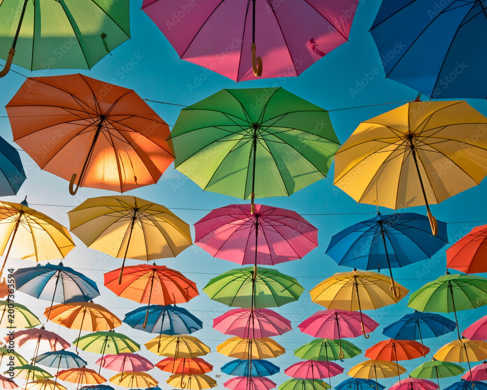Obraz premium Colorful Umbrellas Hanging in the Sky Against Blue Sky