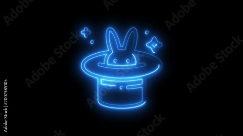Neon blue magic hat with rabbit ears emerging surrounded by glowing symbols and stars on black background for tech or fantasy