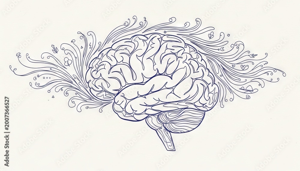 Fototapeta premium Detailed abstract line drawing of human brain representation of thought and complexity with thinking