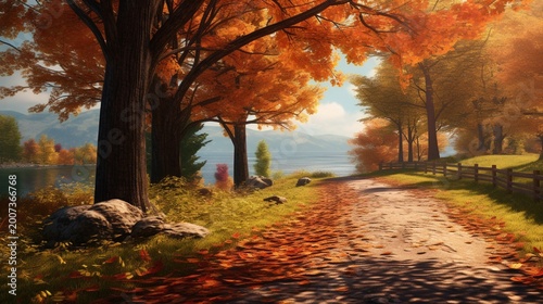 A winding country road bordered by trees with leaves falling gently to the ground, creating a picturesque fall scene.