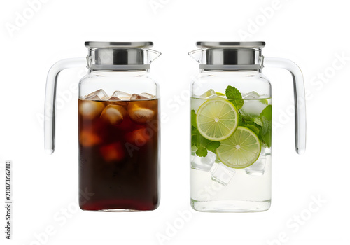 Two glass jugs of cold iced tea and lime infused water with mint leaves transparent background