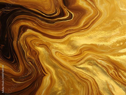 Swirls of gold and brown create unique patterns in abstract design on a smooth surface