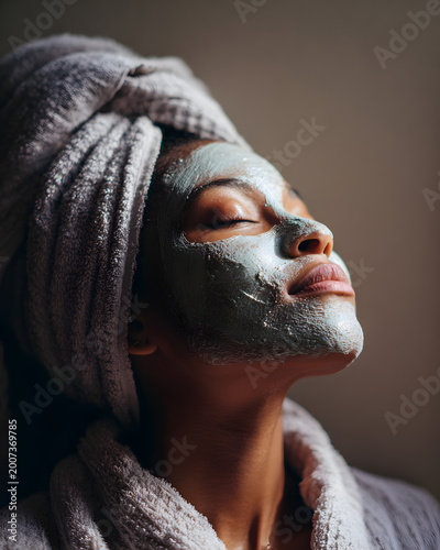 Woman relaxes with a green face mask while wrapped in a towel in a soft-lit room during self-care time