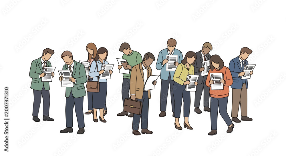 Obraz premium Diverse business people reading documents, focused on information, group study, work meeting
