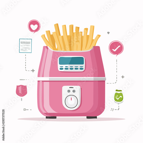 Pink Air Fryer with French Fries and Icons
