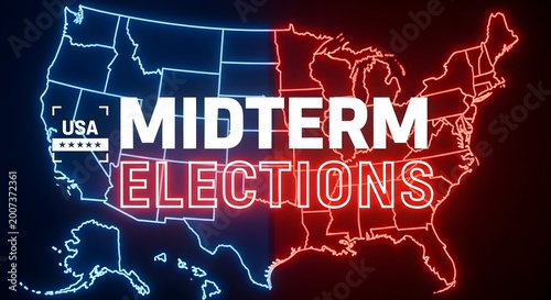 Dramatic illustration of the United States map highlighting midterm elections with glowing neon effect.