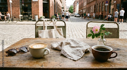 Coffee cups and sunglasses on wooden table in outdoor cafe setting  
