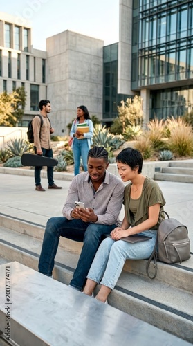 Students looking at smartphone outside modern university building