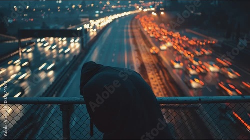 Hooded Figure Watches Busy Highway Traffic at Night, Motion Blur