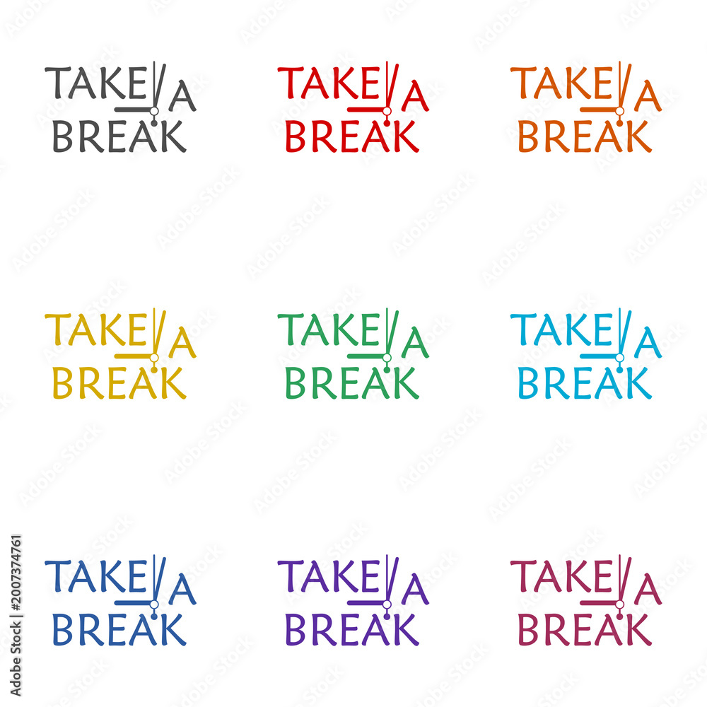 Naklejka premium Take a break lettering icon isolated on white background. Set icons colorful