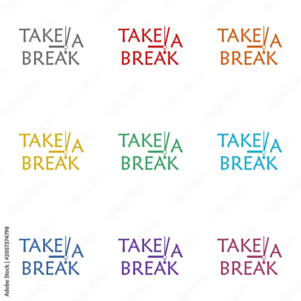 Naklejka premium Take a break lettering icon isolated on white background. Set icons colorful