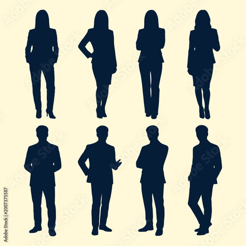 Diverse professional business people silhouettes, featuring confident men and women in various poses, perfect for corporate leadership, teamwork, and modern workforce themes