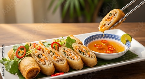 Delicious Spring Rolls Served with Dipping Sauce.