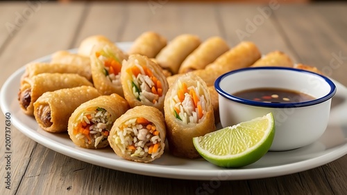 Delicious Spring Rolls Appetizer Platter with Dipping Sauce and Lime.