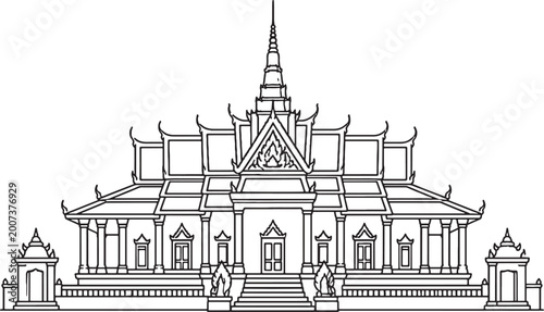 Bild auf Leinwand Cambodia royal palace icon minimalist line art vector Phnom Penh architecture la