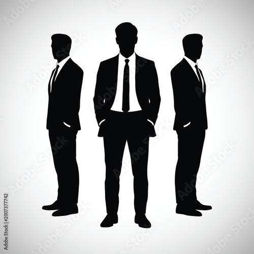 Silhouette figures of three businessmen in suits, standing in a row against a white background, symbolizing teamwork and corporate success