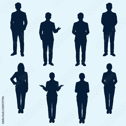 Silhouettes of business people standing in various poses conveying professionalism and communication in a corporate setting