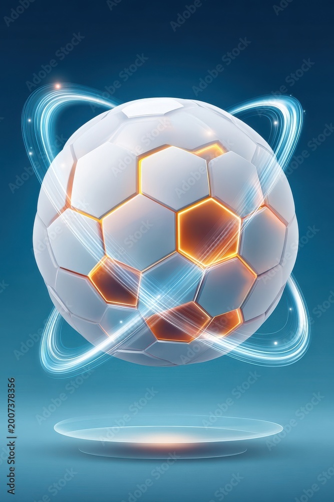 Naklejka premium Futuristic soccer ball sphere with glowing hexagonal panels and energy rings, digital sports concept