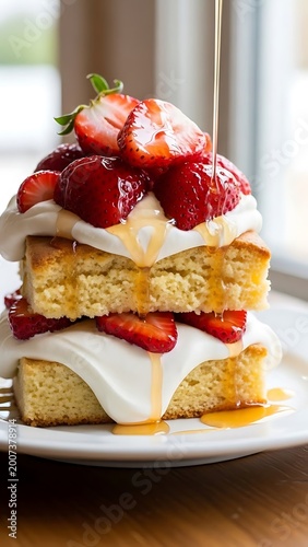 Delicious Stack of Strawberry Shortcake with Whipped Cream and Syrup.