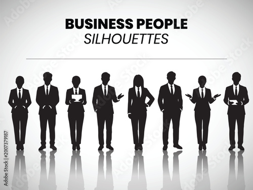 Diverse group of anonymous business professionals standing in a line, representing corporate unity, teamwork, and a modern workforce in silhouette form