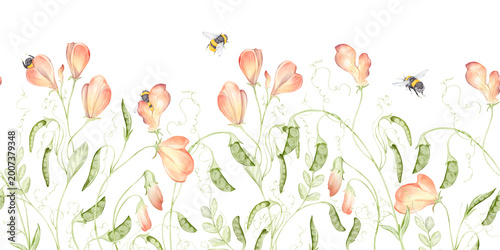 Tableau sur toile Watercolor hand drawn horizontal seamless pattern with delicate pink sweet pea flower with tendrils, leaves, bumblebees