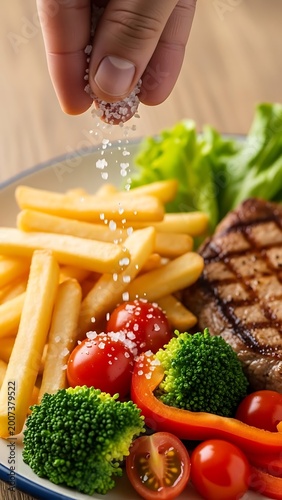 Delicious steak dinner with fries and fresh vegetables being seasoned.