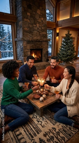 Friends celebrating with sparklers and drinks by fireplace