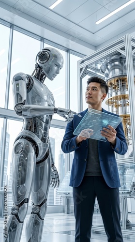 Scientist interacting with humanoid robot in lab