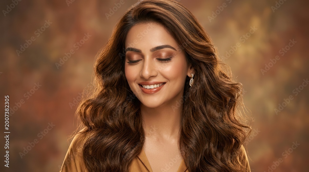 Fototapeta premium Beautiful Indian woman with stylish brown hair and makeup posing with a happy expression.