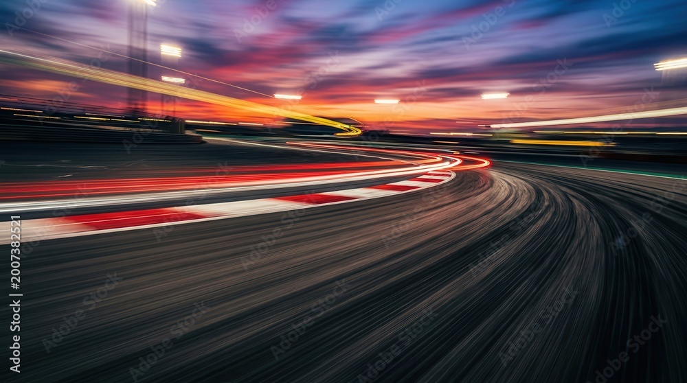 Fototapeta premium Motion blurred evening circuit road for Formula 1 racing.