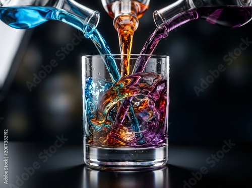 Three colorful liquids pour into a glass, creating a vibrant swirling effect. Perfect for artistic or scientific themes.