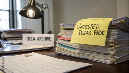 Untested Ideas Archive Folder Beside Stacked Documents and Desk Lamp in Office Setting