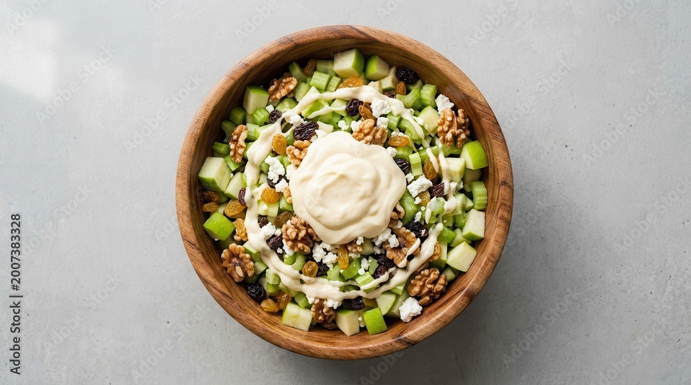 Naklejka premium Waldorf salad with celery, apple, walnuts, and raisins in a wooden bowl.