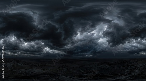 Stormy sky with black clouds HDRI panorama for 3D graphics and gaming.