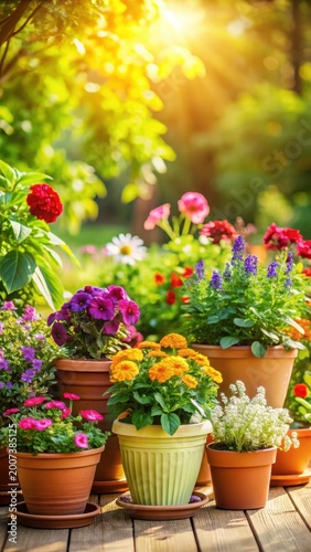Colorful pots filled with lush greenery and blooming flowers in a warm sunlit outdoor setting