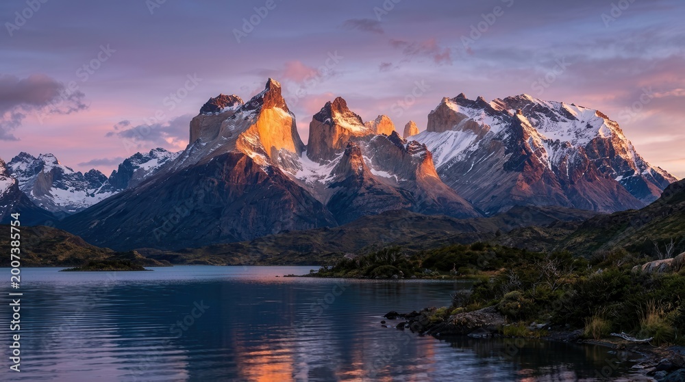Fototapeta premium Snowy peaks of Torres del Paine National Park at dusk in Patagonia Chile.