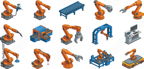 Large collection of isometric industrial robotic arms and automated machinery featuring conveyor belts laser cutters spray painters and control panels for modern factory manufacturing