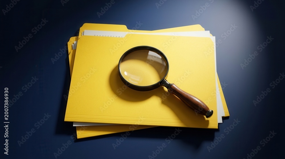 Fototapeta premium Stack of yellow file folders with a magnifying glass on a dark blue desk for investigation concept.