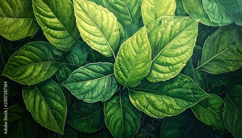 Lush green leaves with rich veins, a vibrant natural texture