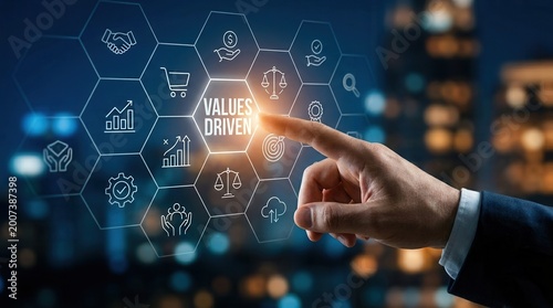 Values driven marketing concept with digital icons for customer centric strategies.