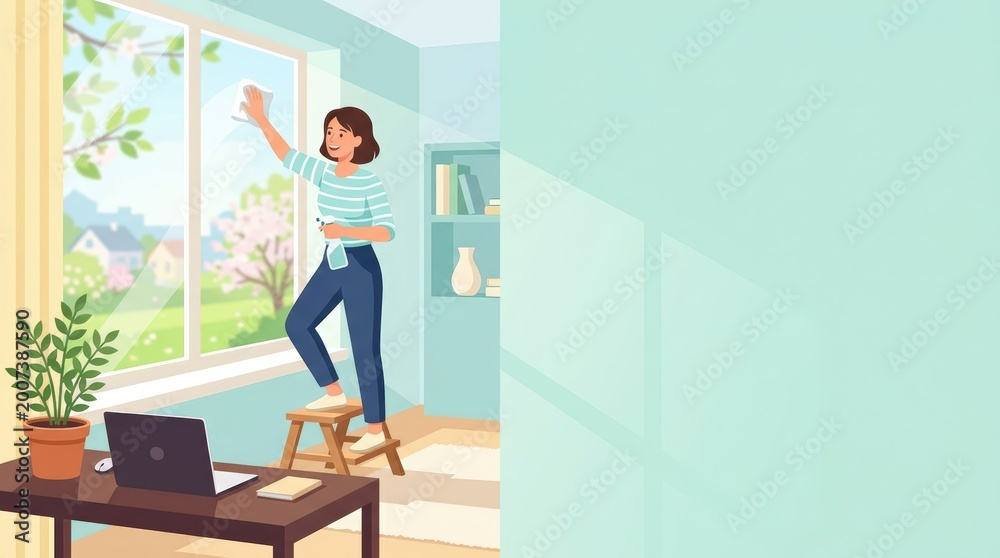 Fototapeta premium Woman cleaning home office window with spray and cloth