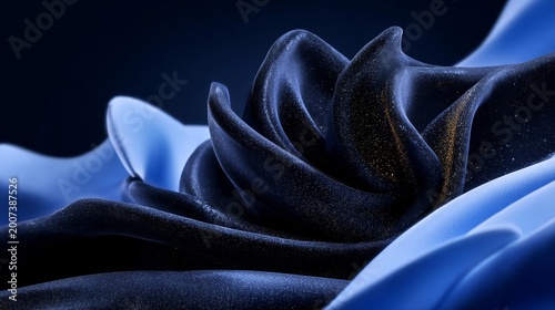 A close-up of a delicate blue and black flower with shimmering petals.