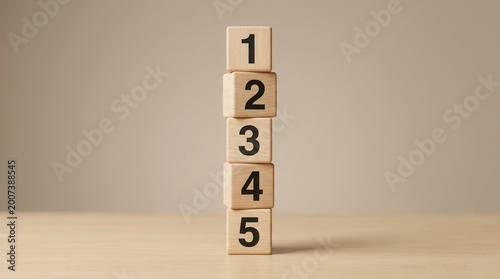 Wooden cube blocks with numbers one to five stacked to show task priority and management concept.