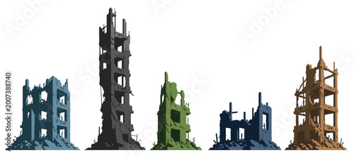 Schilderij op canvas Destroyed Building Ruins Vector Set of War Damaged Abandoned Architecture Struct