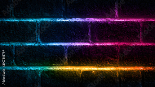 Dark brick wall with neon rainbow mortar lines and glowing futuristic urban texture