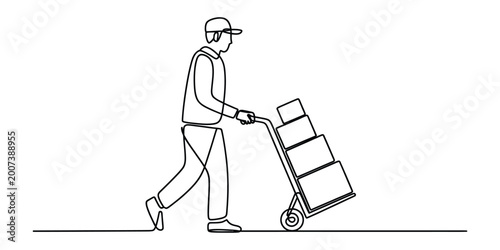 Foto Delivery man pushing a hand truck with cardboard boxes continuous line