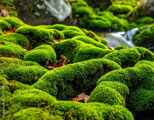 Lush green moss covers rocks and stream bed in a forest