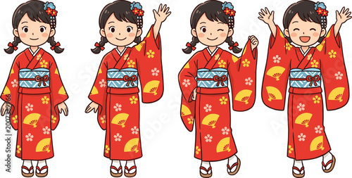 Quadro su tela Cute Japanese Girl Cartoon Character Vector Set with Traditional Kimono, Cultural Outfit Poses, Smiling Expressions, and Adorable Asian Festival Illustrations for Kids Designs